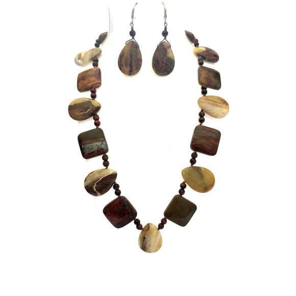 Jasper Agate Gemstone 18” Artisan Necklace Drop Earring Set Sterling Clasp - Picture 1 of 12